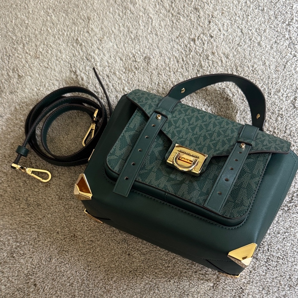 Michael Kors Dark Green Manhattan Satchel with Gold Hardware